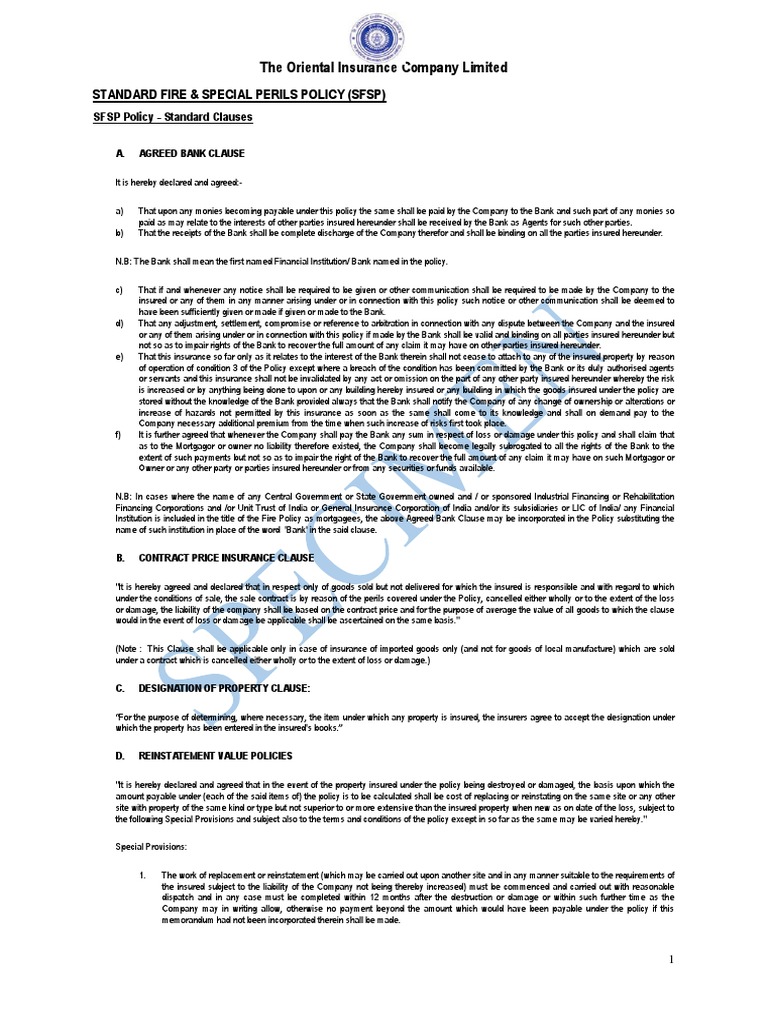 Fire-Standard Fire and Special Perils Policy-Standard Clauses | PDF ...