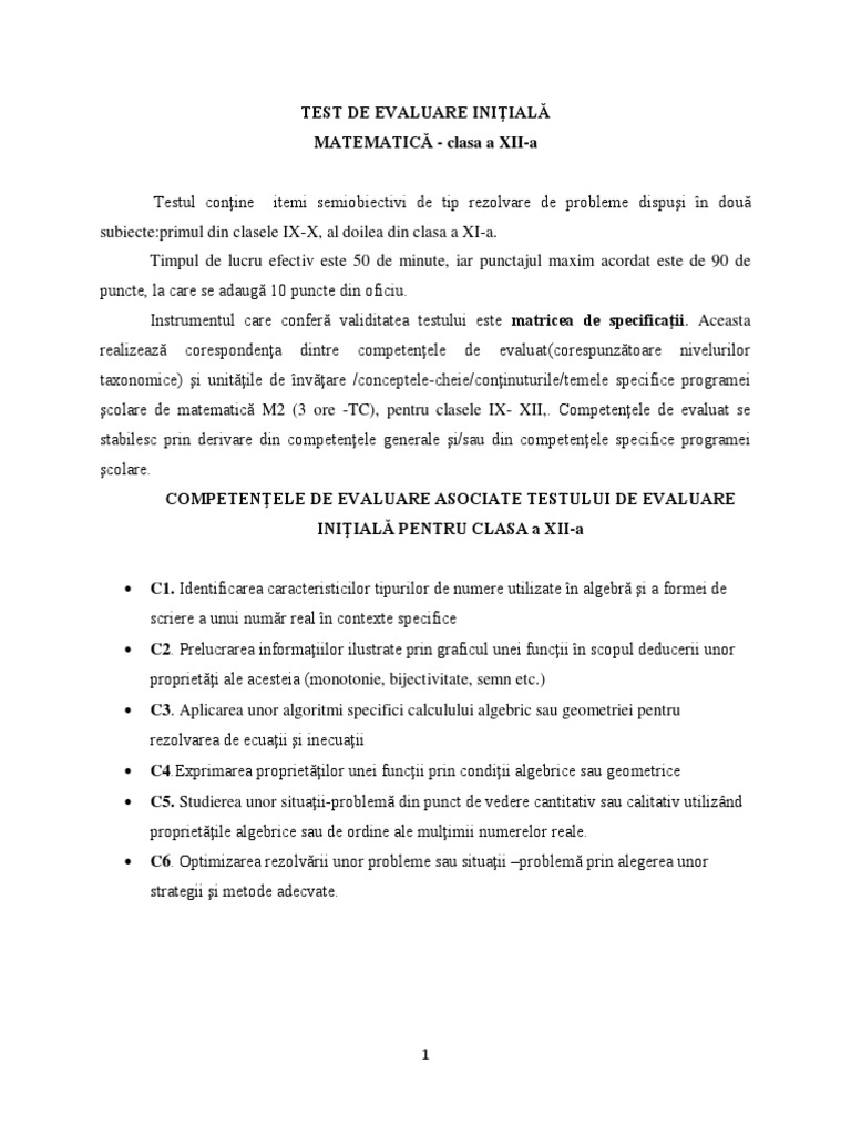 Matematica Clasa Xii Teste Test Initial - m2 | PDF