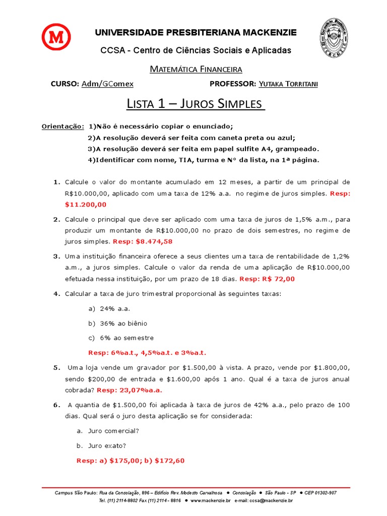 Atividade Juros Simples 7 Ano – Lista de Exercícios sobre juros simples ...