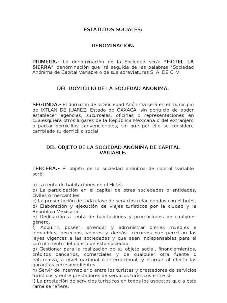 Acta Constitutiva Hotel La Sierra Sa De Cv Sociedad De Responsabilidad Limitada Compartir Finanzas