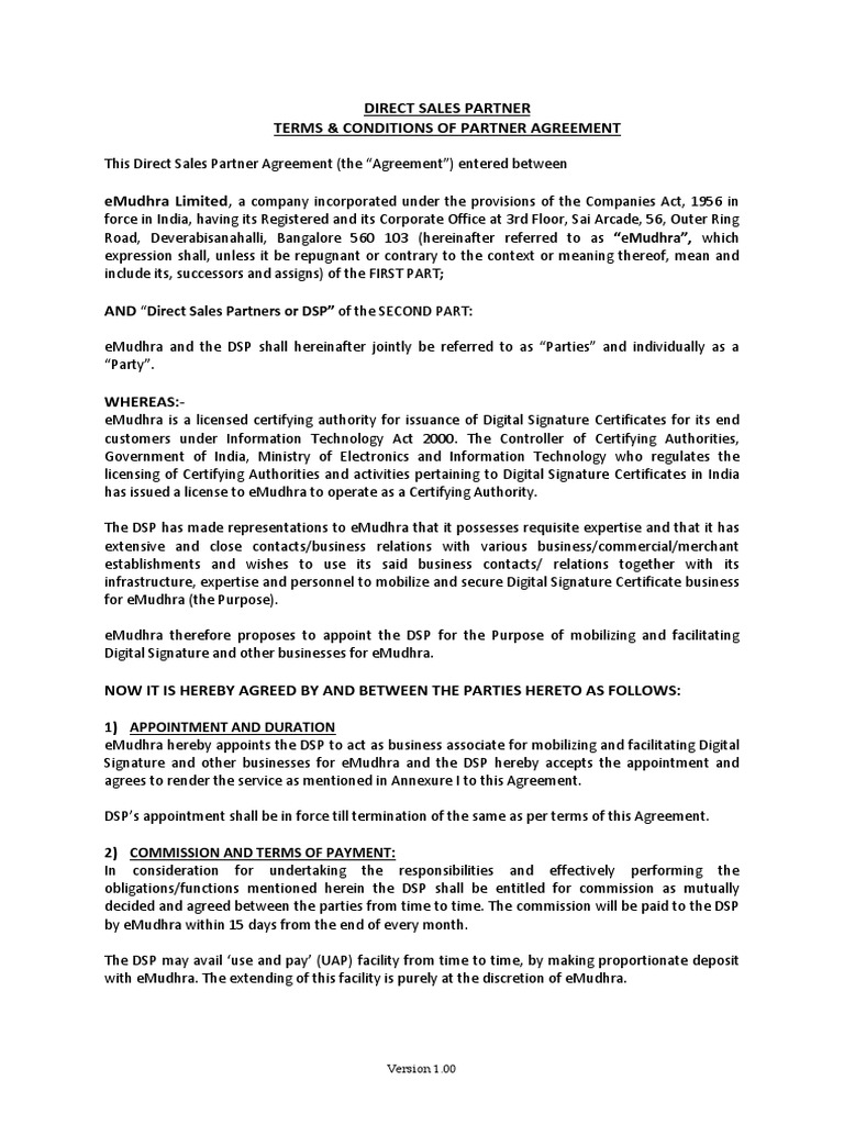 Direct Sales Partner Terms & Conditions of Partner Agreement | PDF ...