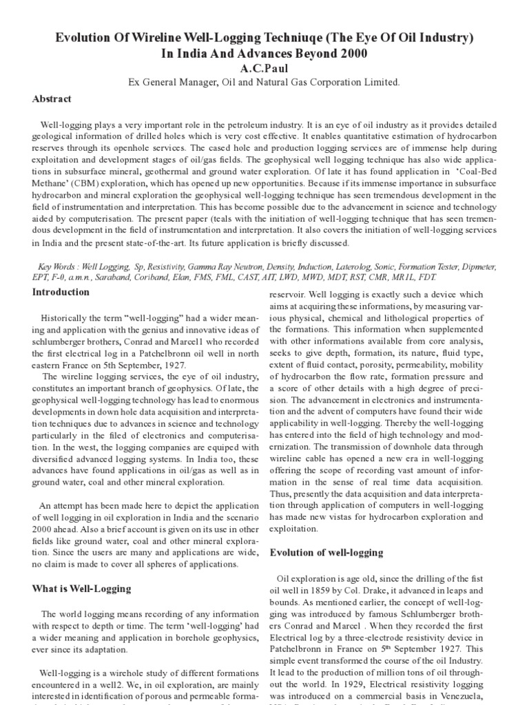 (P.T) Evolution of Wireline Well Logging Techniuqe The Eye | PDF ...