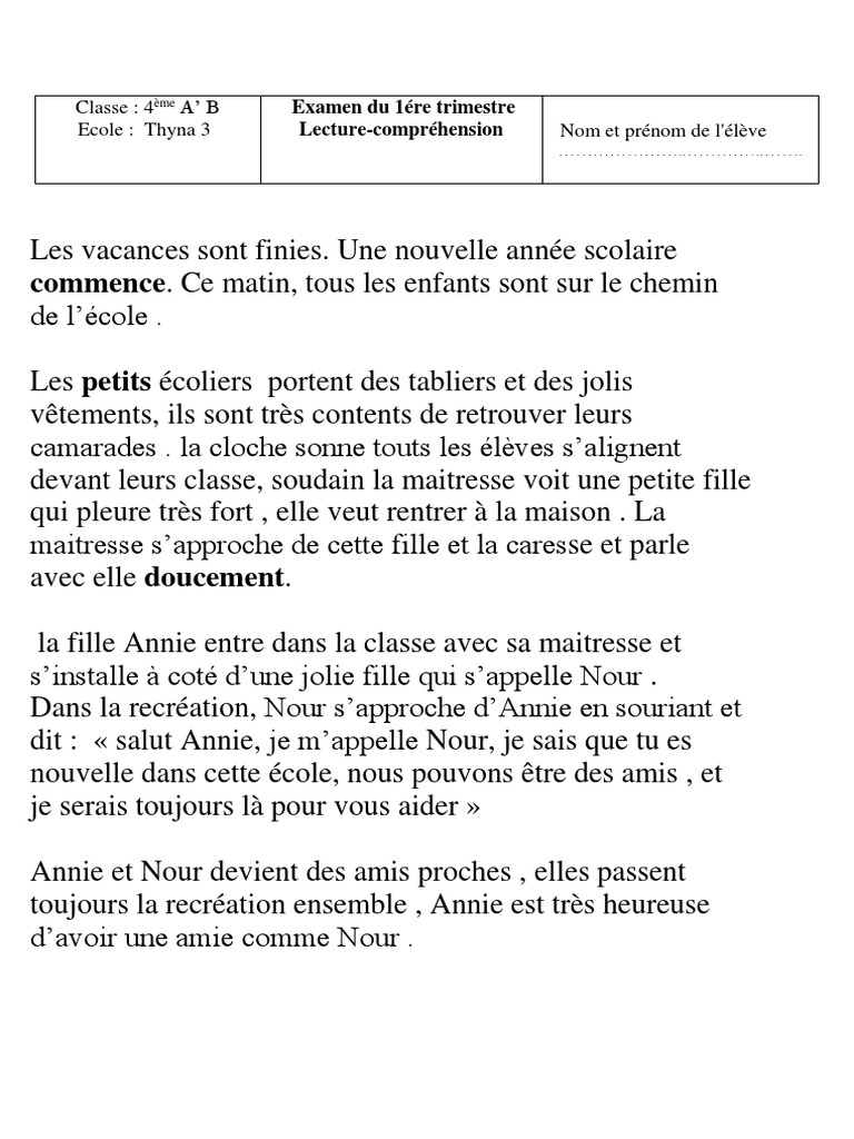 Texte Sur La Rentrée Scolaire Pdf Examins | PDF
