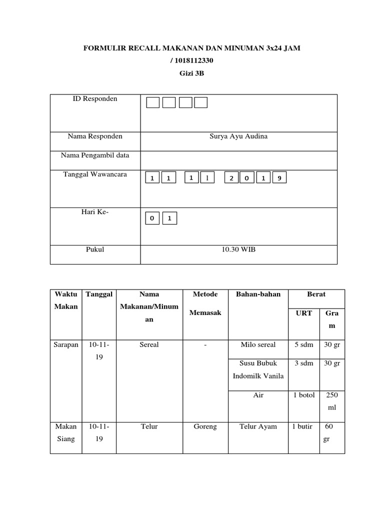 Formulir Recall Makanan 3x24 Jam | PDF