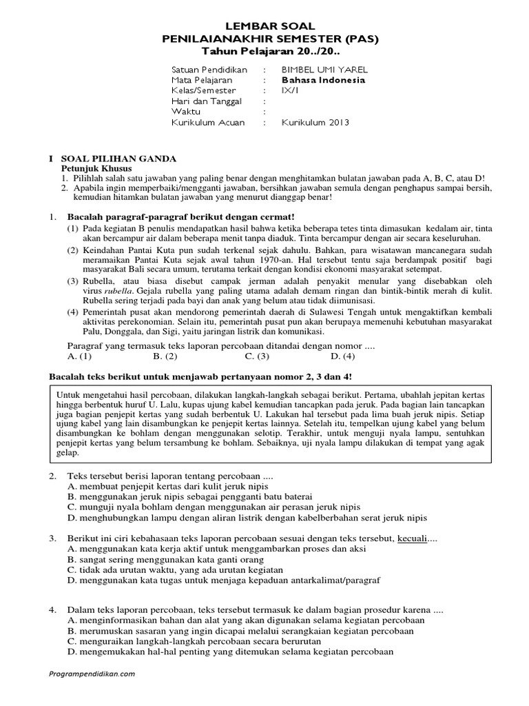 Soal Bahasa Indonesia Teks Laporan Percobaan Seputar Laporan