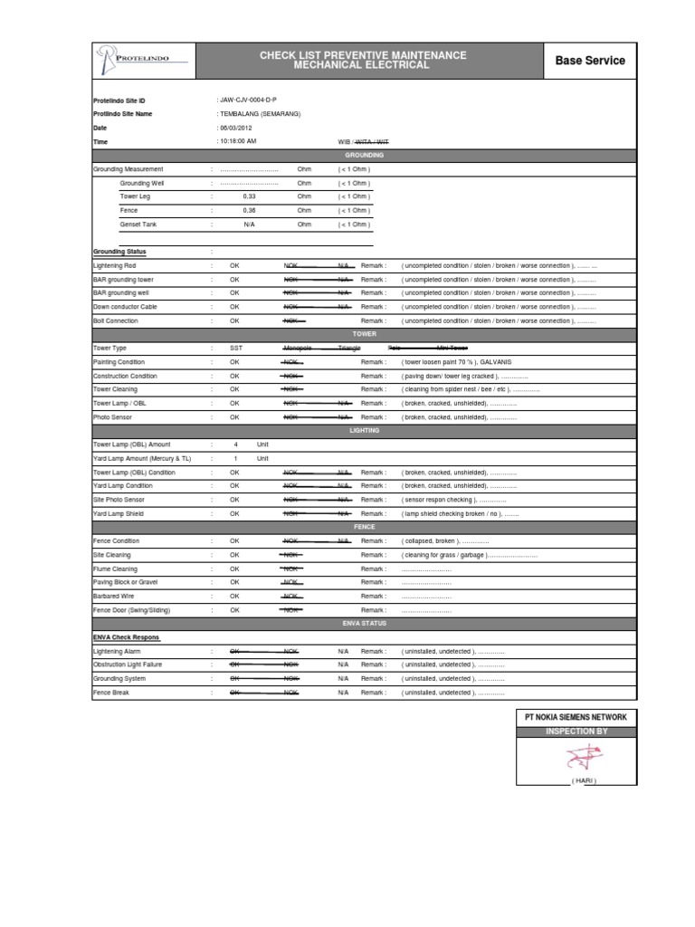 Telecom Tower Maintenance Checklist | PDF | Air Conditioning | Voltage