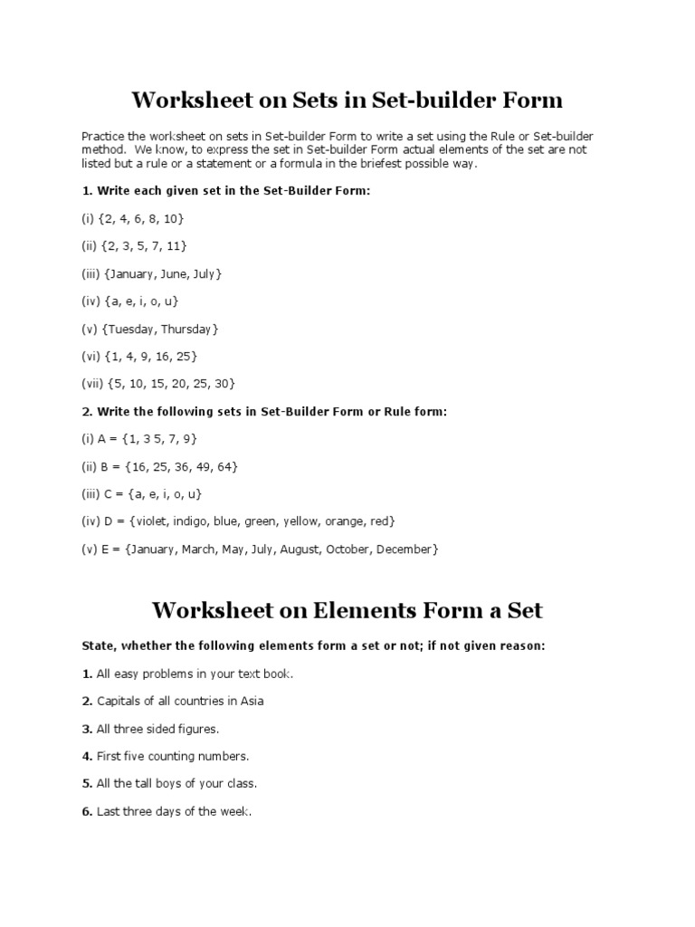 Worksheet On Sets In Set Numbers Mathematical Concepts