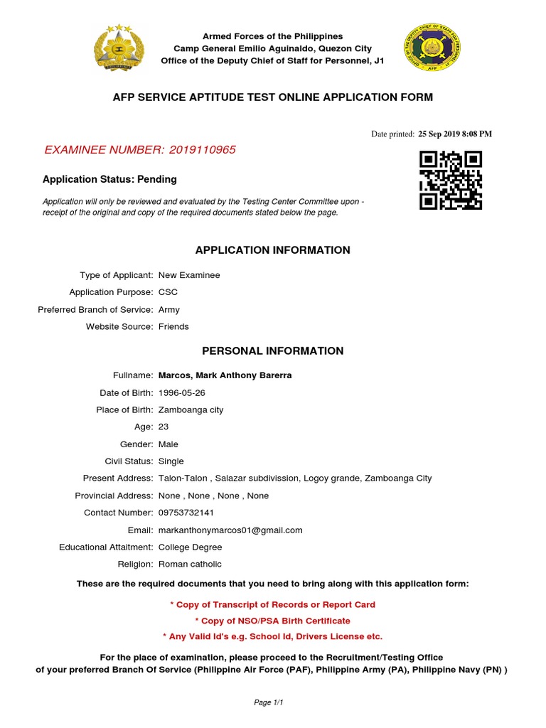 AFP Service Aptitude Test Application | PDF | Test (Assessment ...