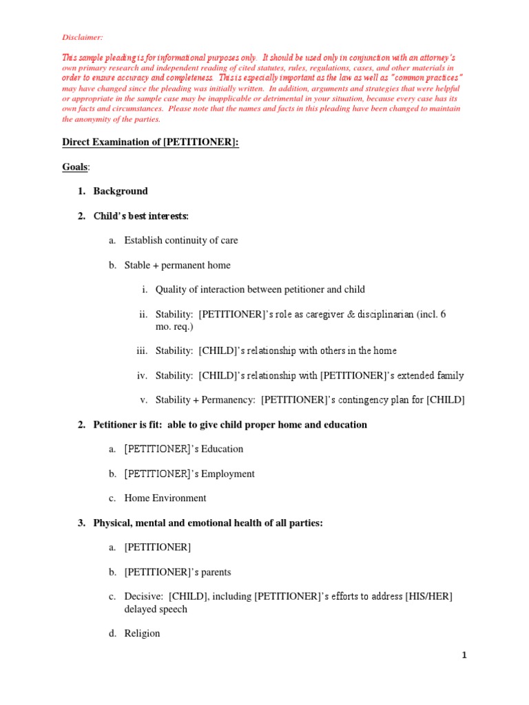 Sample Direct Examination Pleading | PDF | Child Care | Relationships