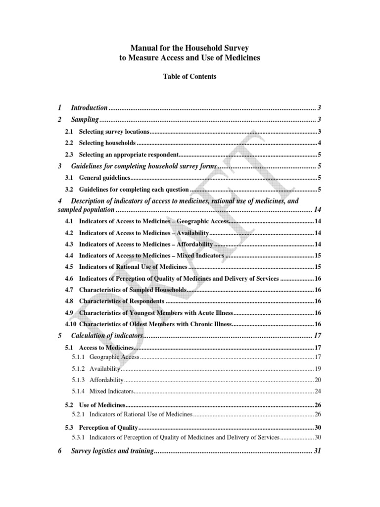 Manual For The Household Survey To Measure Access and Use of Medicines PDF Household