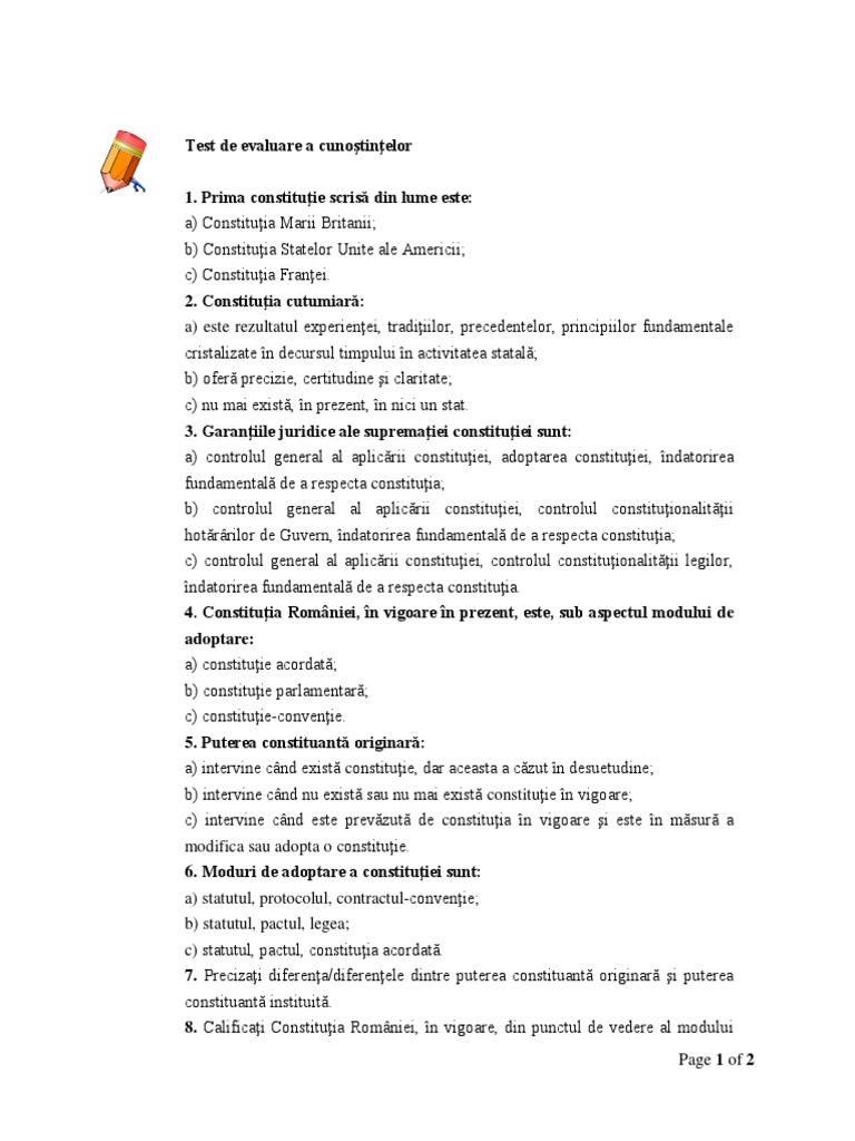 DConst Test Autoevaluare Notiune Constitutie | PDF
