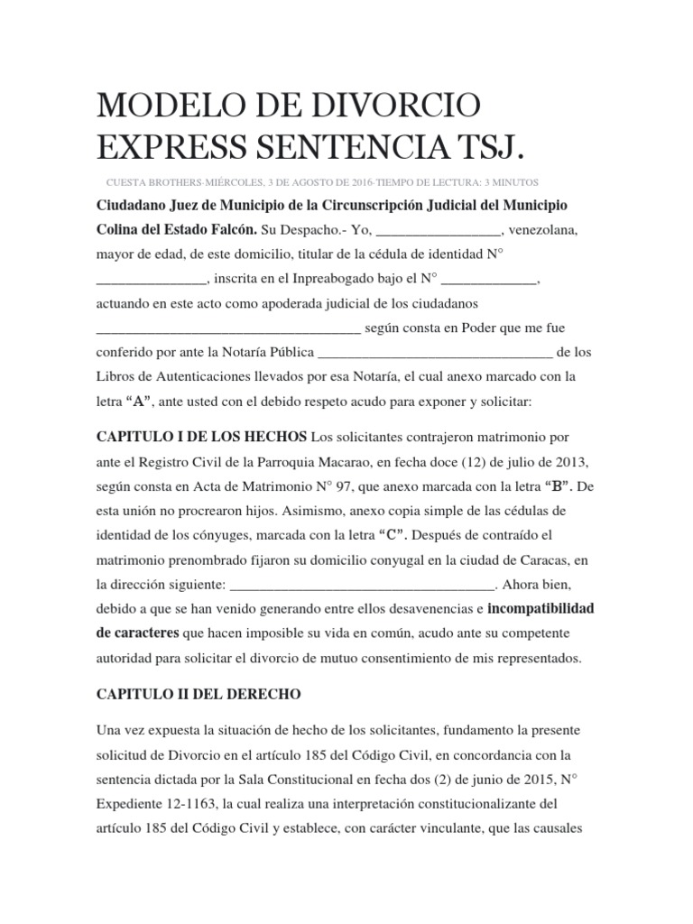 Modelo de Divorcio Express Sentencia TSJ | PDF | Divorcio | Información ...