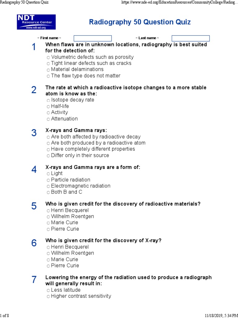Radiography 50 Question Quiz | PDF | Radiography | Gamma Ray
