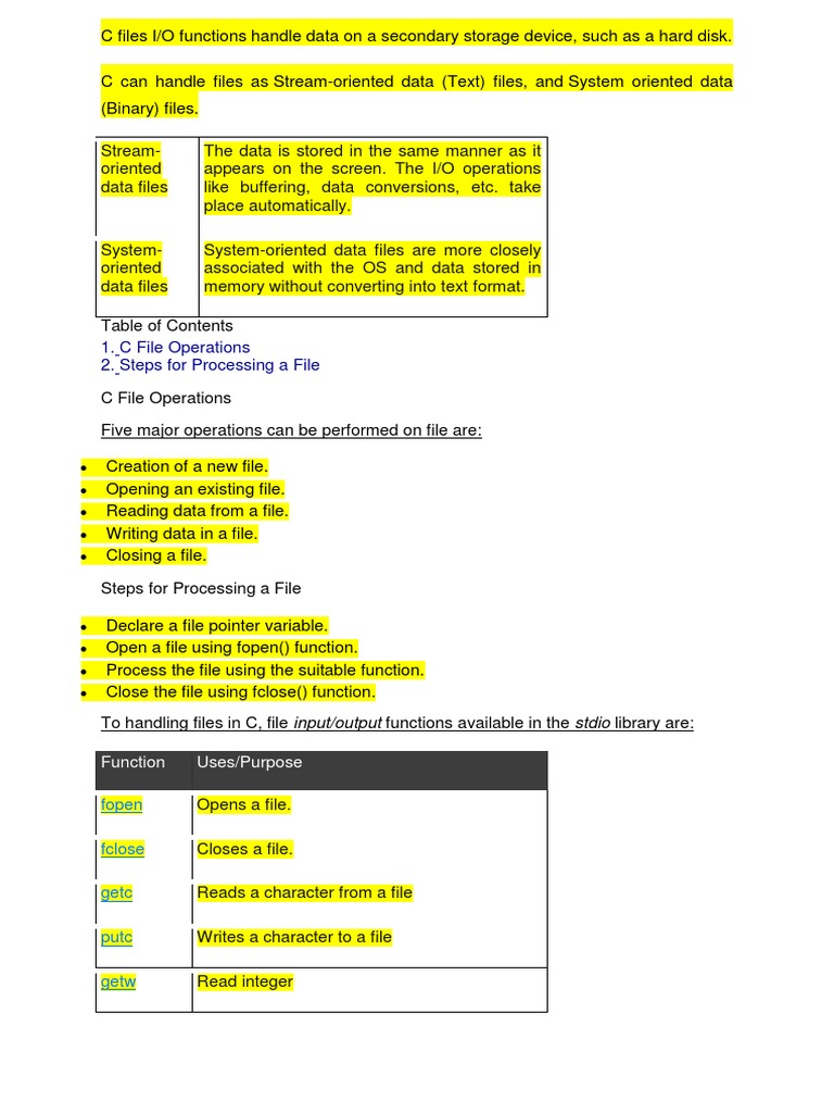 C File Operations 2. Steps For Processing A File: Function Uses/Purpose ...