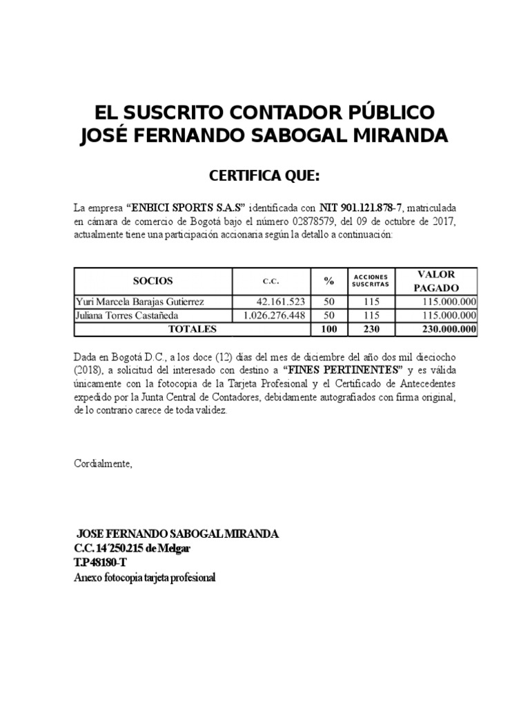 Certificacion Composición Accionaria | PDF