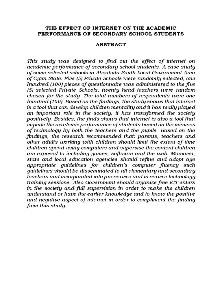 The Effect of Internet On The Academic Performance of Secondary School ...