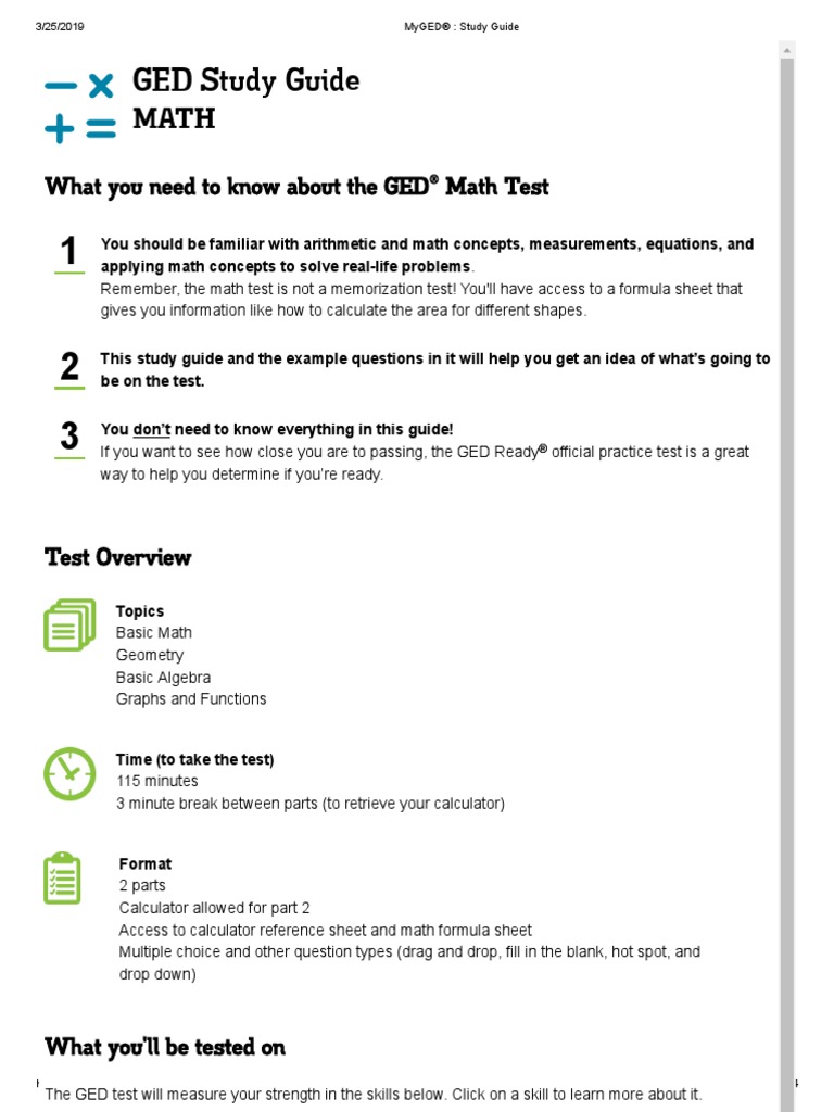 GED Study Guide What you need to know about the GED Math Test Area
