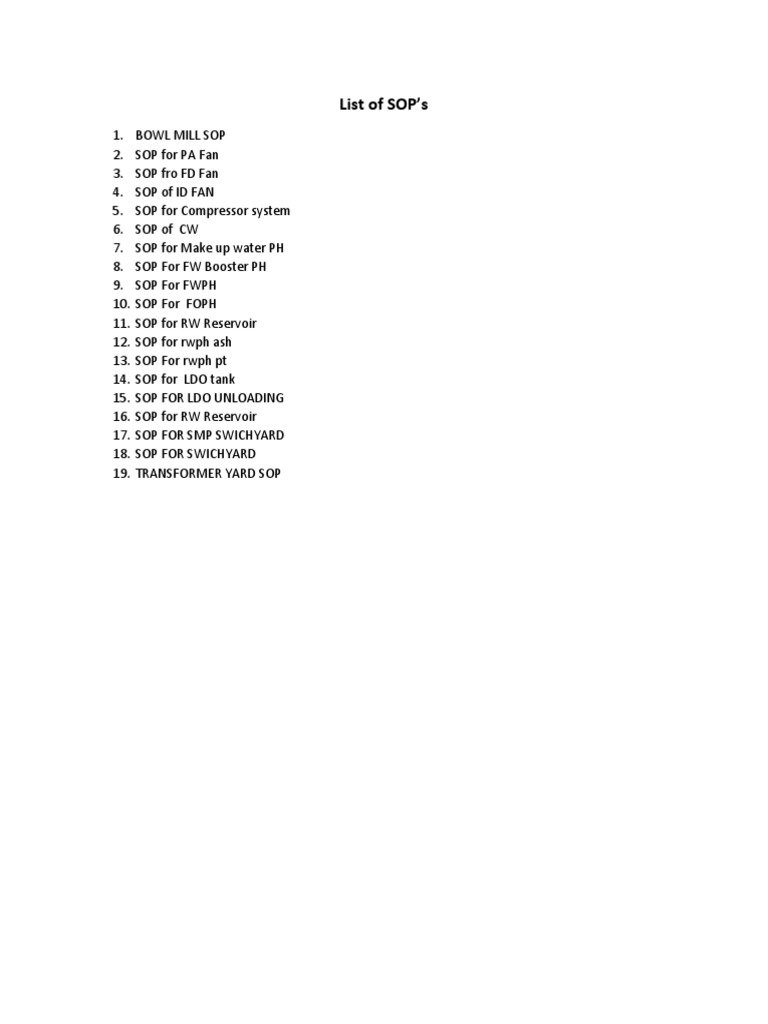 Comprehensive SOP List | PDF