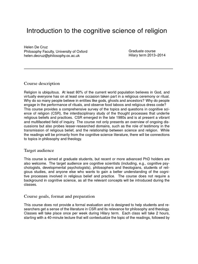 Introduction To The Cognitive Science of Religion: Course Description ...