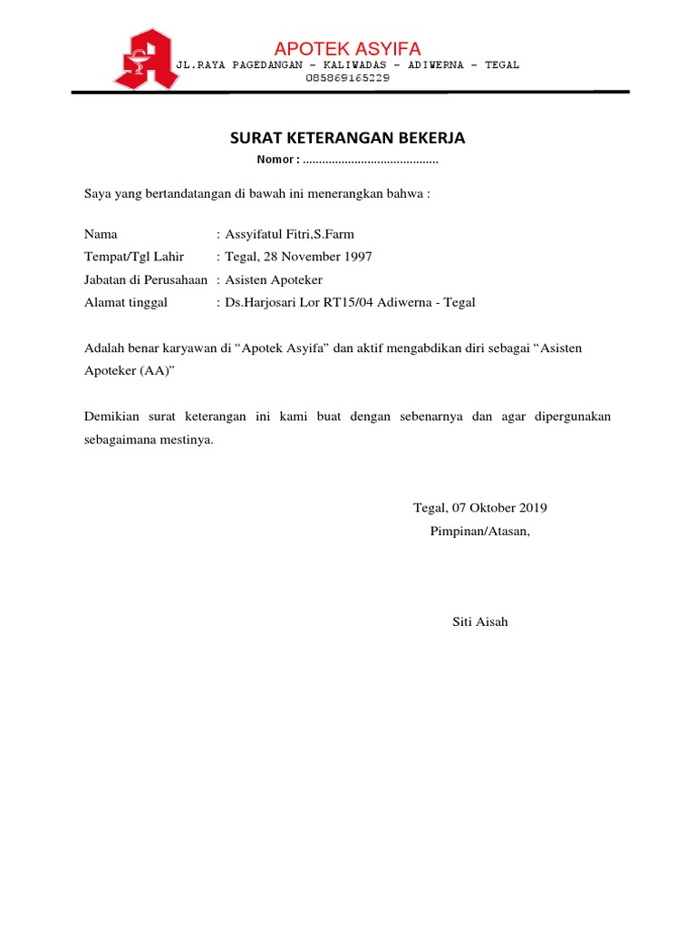 Contoh Surat Keterangan Kerja