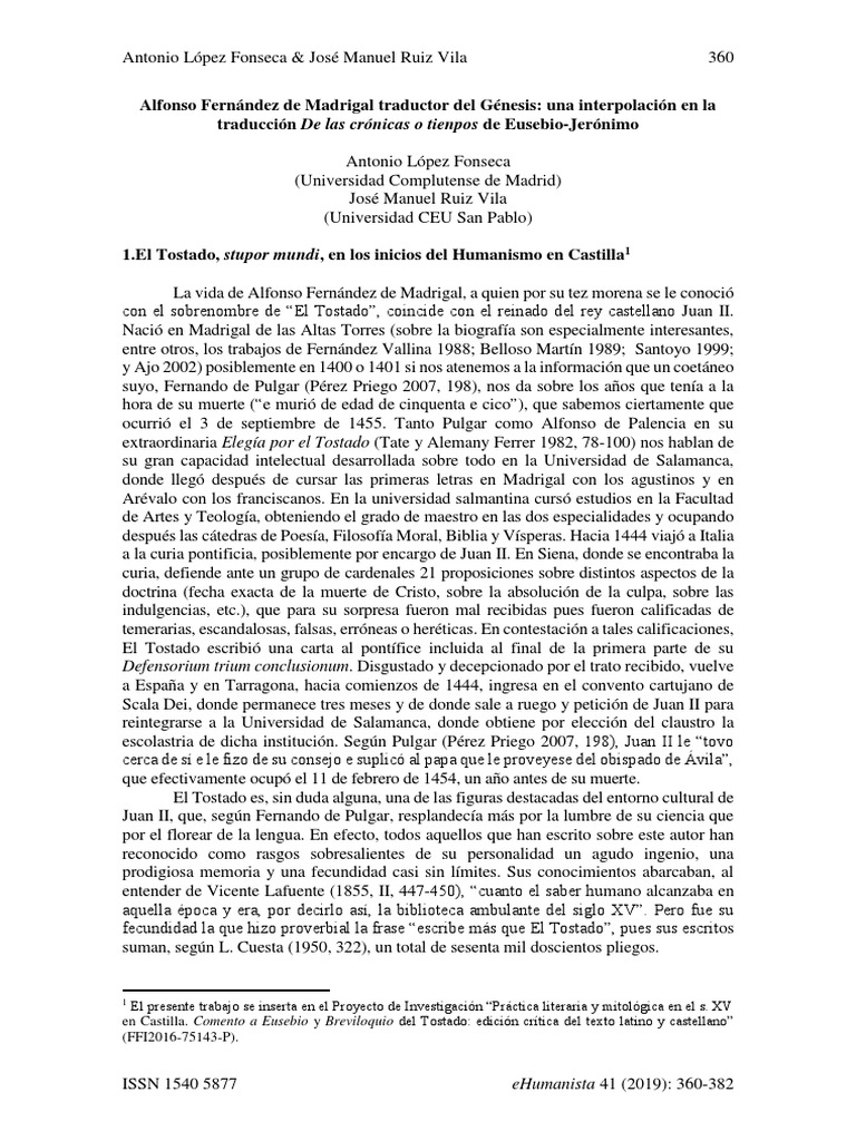 Alfonso Fernandez De Madrigal Traductor Del Genesis Una Interpolacion En La Traduccion De Las Cronicas O Tienpos De Eusebio Jeronimo Jerome Traducciones scribd