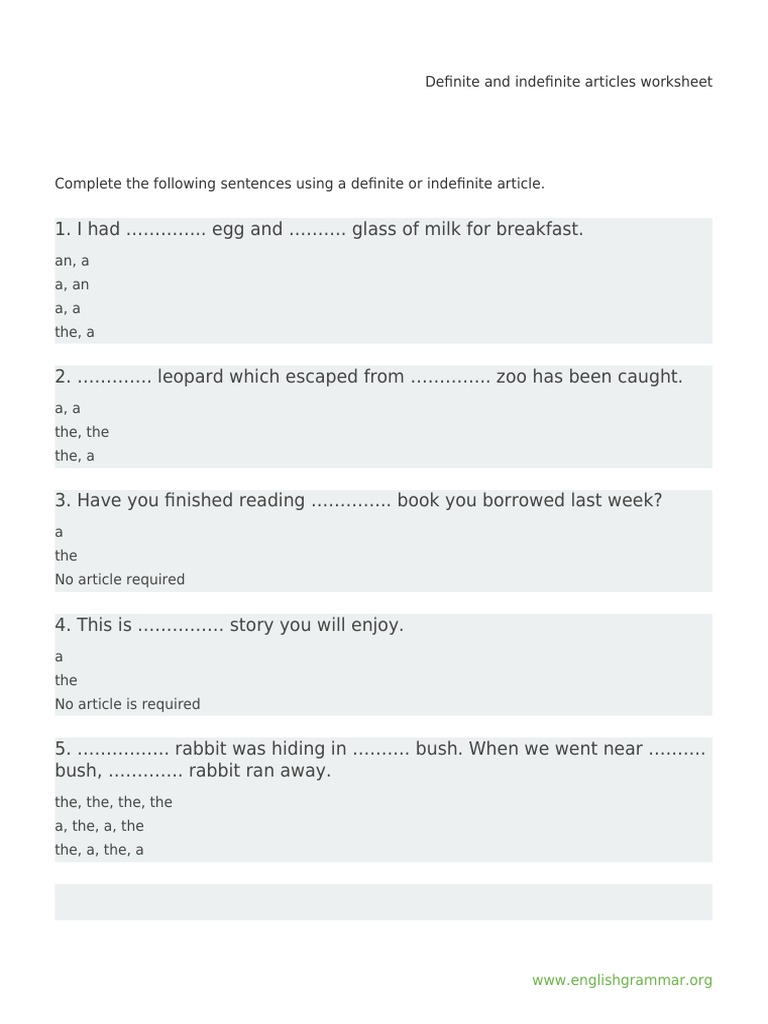 Definite And Indefinite Articles Worksheet An A A An A A The A