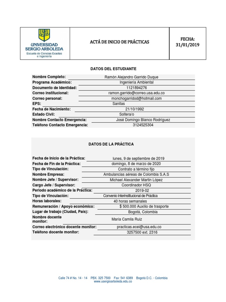 Acta de Inicio de Prácticas 2019 | PDF | Colombia | Universidad