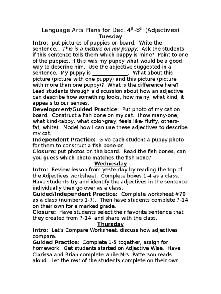 Thursday Adjectives Lesson Plan | PDF