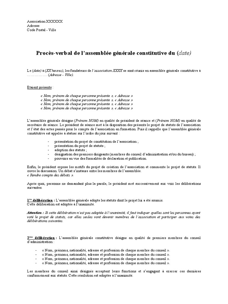 Procès-verbal Assemblée Générale Constitutive Association Loi 1901 Gratuit