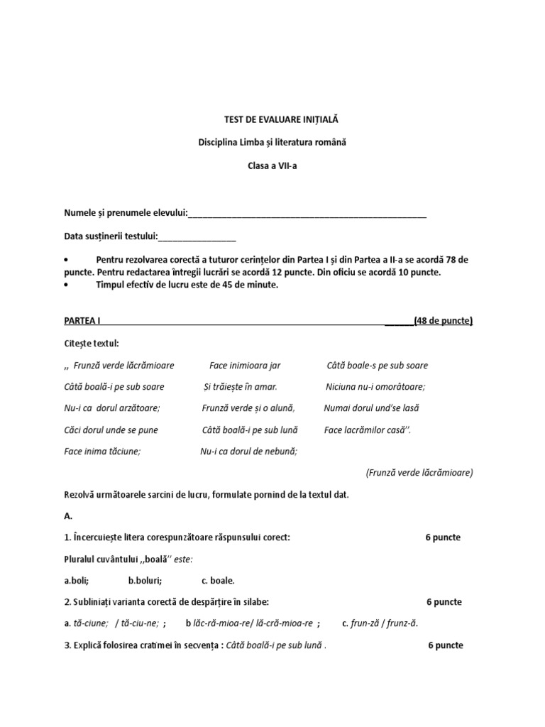 Model de Test Initial Clasa A Vii A Frunza Verde Lacramioare | PDF