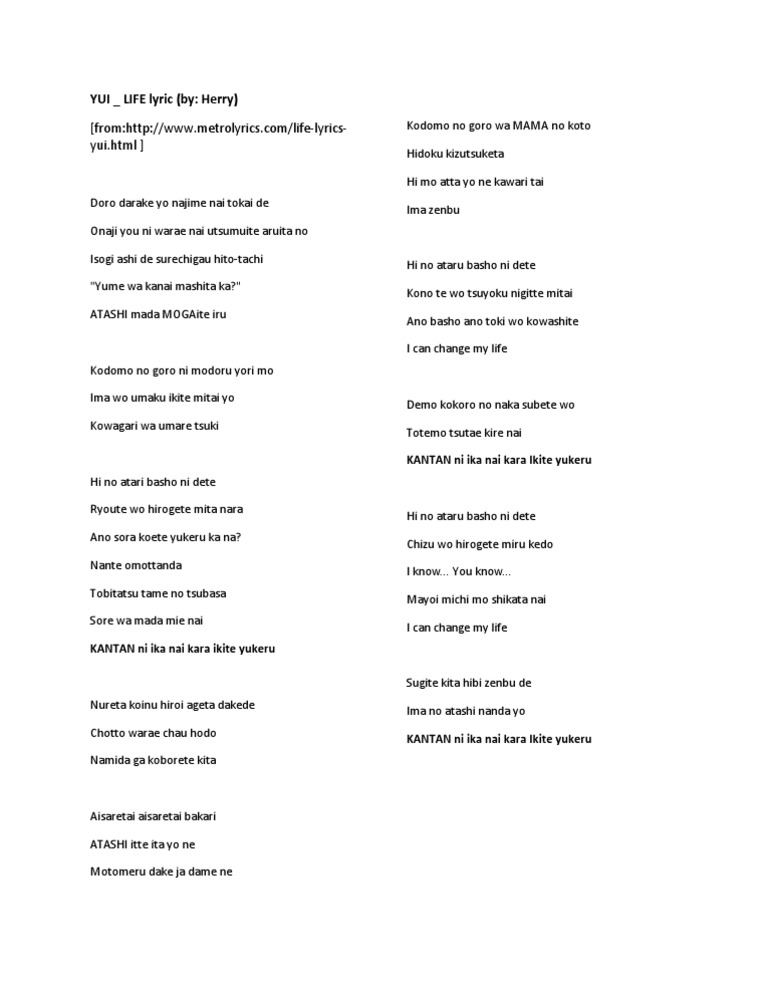 YUI - Life Lyrics Analysis | PDF