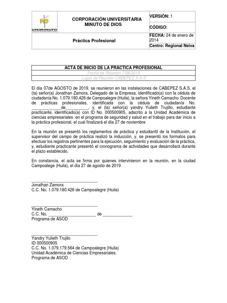 Acta de Inicio de Practicas | PDF