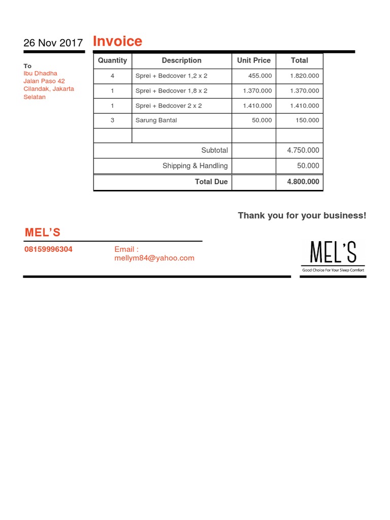 Invoice for Bedcovers and Pillowcases | PDF