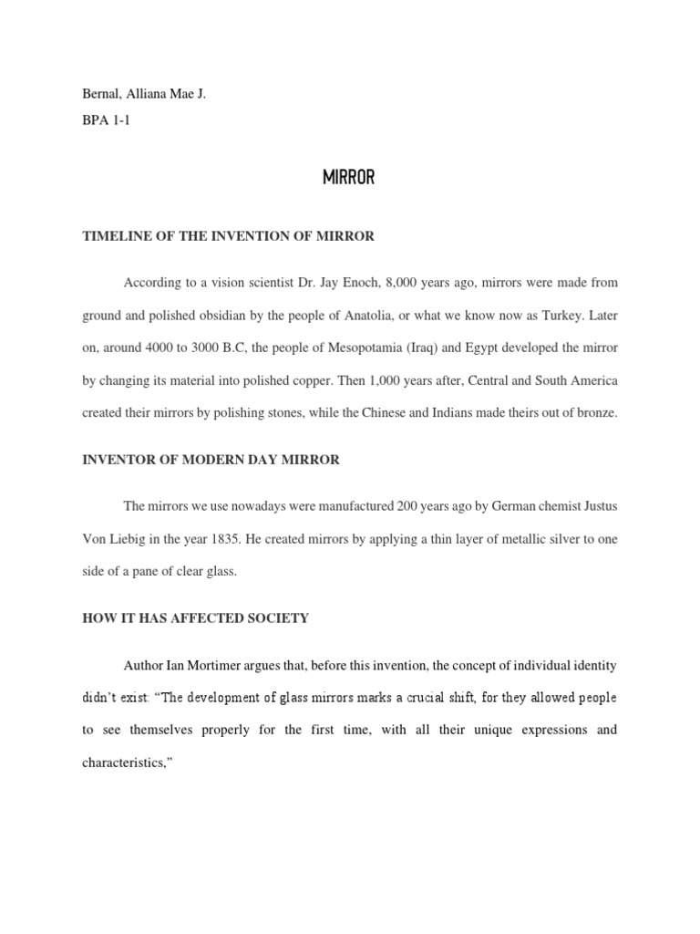 Mirror Timeline of The Invention of Mirror PDF Mirror