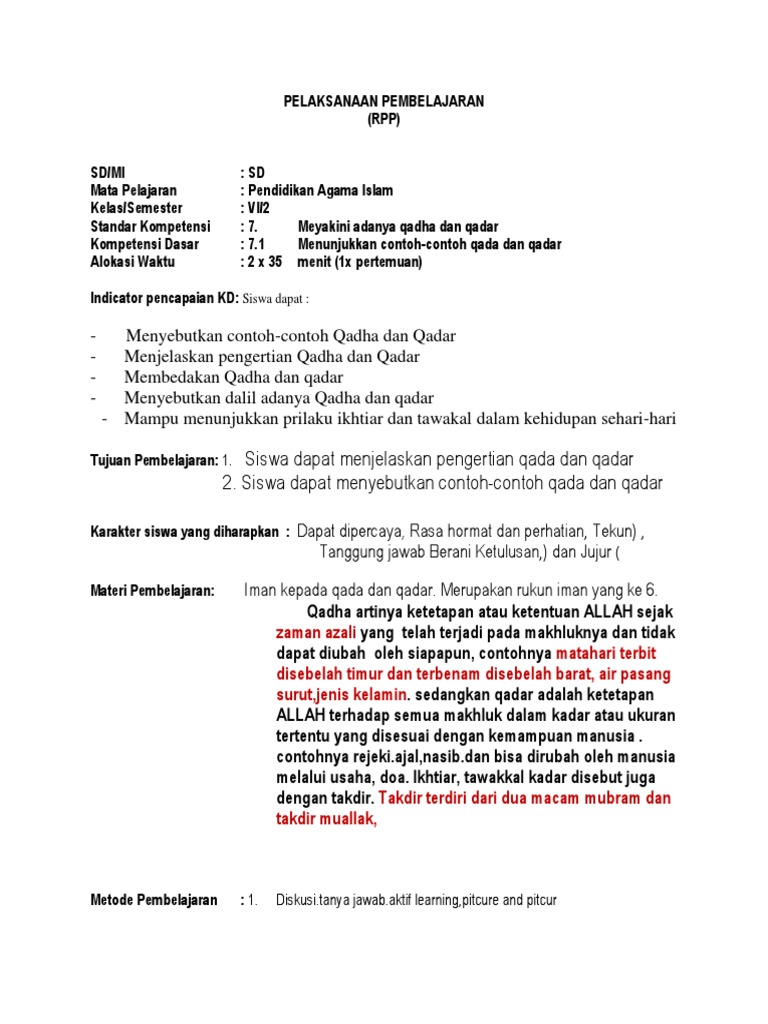 Siswa Dapat Menjelaskan Pengertian Qada Dan Qadar 2 Siswa Dapat Menyebutkan Contoh Contoh Qada Dan Qadar Pdf