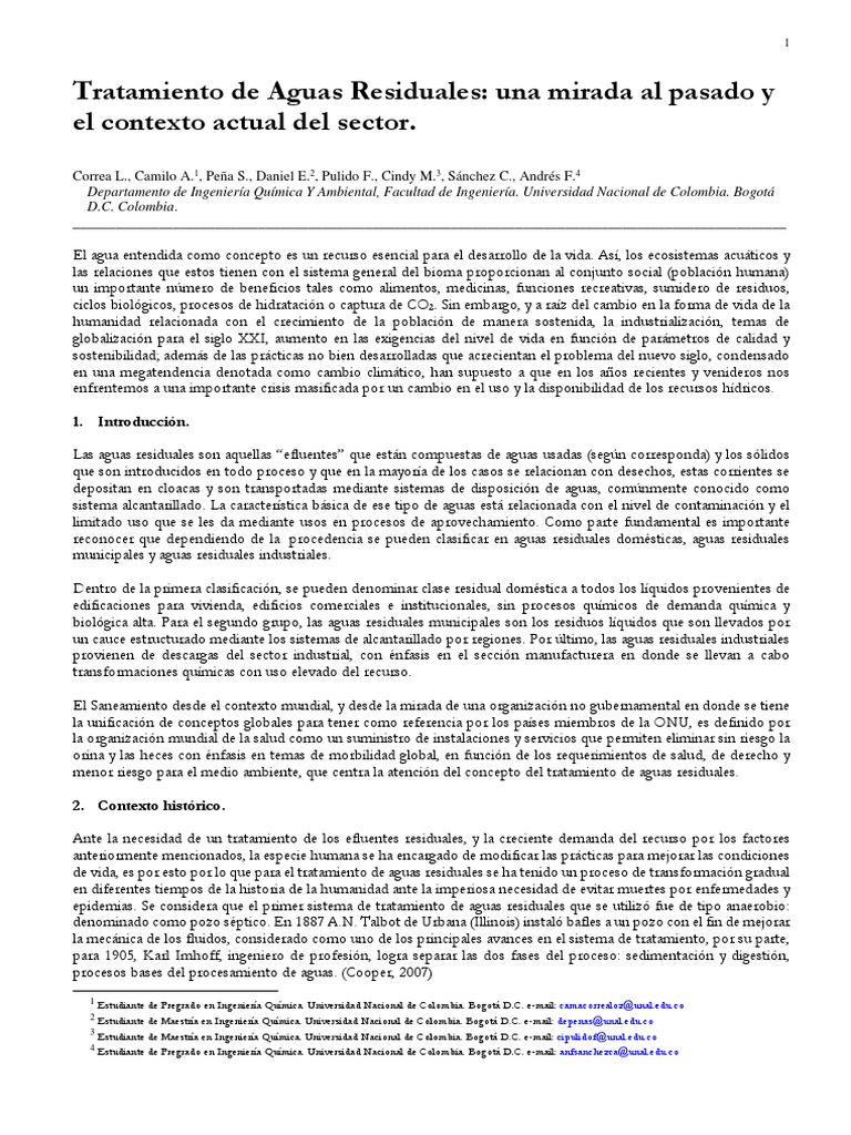 Tratamiento de Aguas Residuales: una mirada al pasado y el contexto