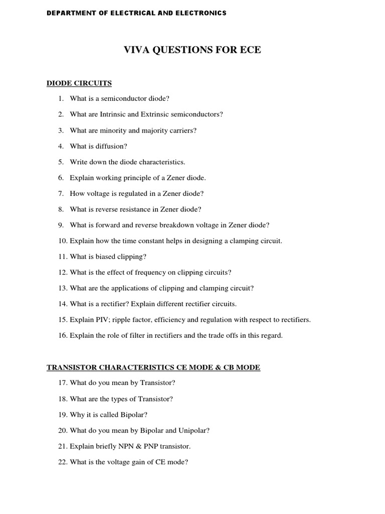 Viva Questions Ece PDF Bipolar Junction Transistor Amplifier