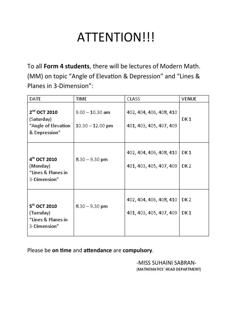 Modern Math Lectures Schedule for Form 4 | PDF