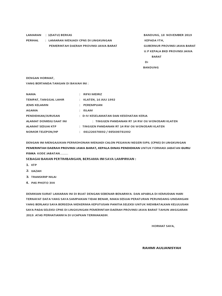 Surat lamaran cpns pemprov jabar pdf