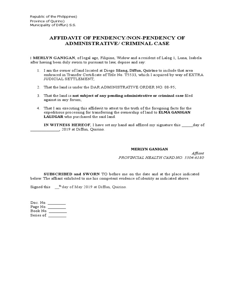Affidavit No Pending Case of Land | PDF