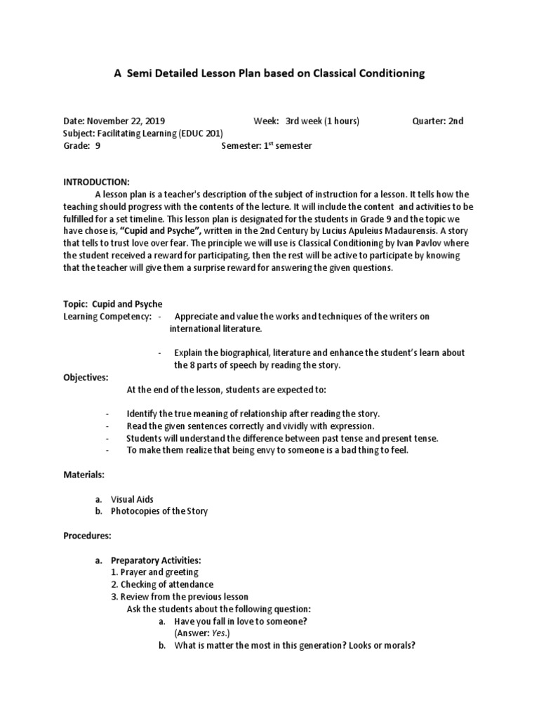 A Semi Detailed Lesson Plan Based On Classical Conditioning Pdf