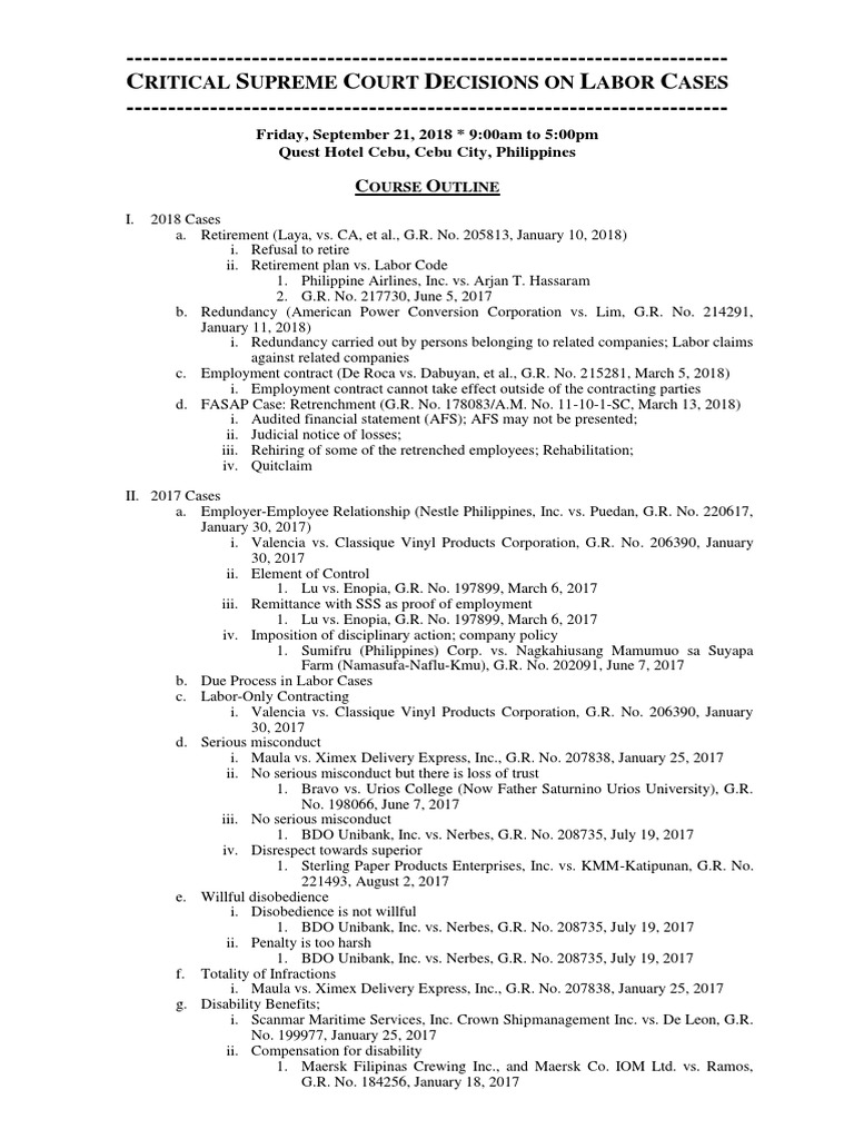Critical Supreme Court Decisions On Labor Cases PDF Legal Concepts