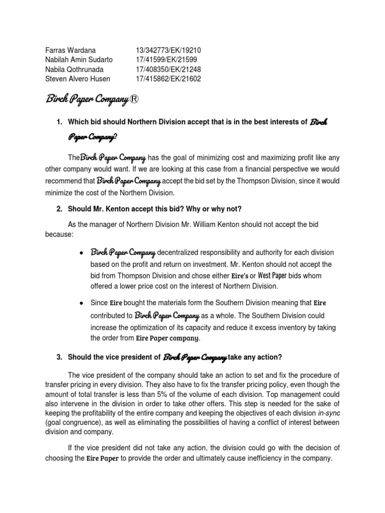 Birch Paper Company PDF Profit (Economics) Prices