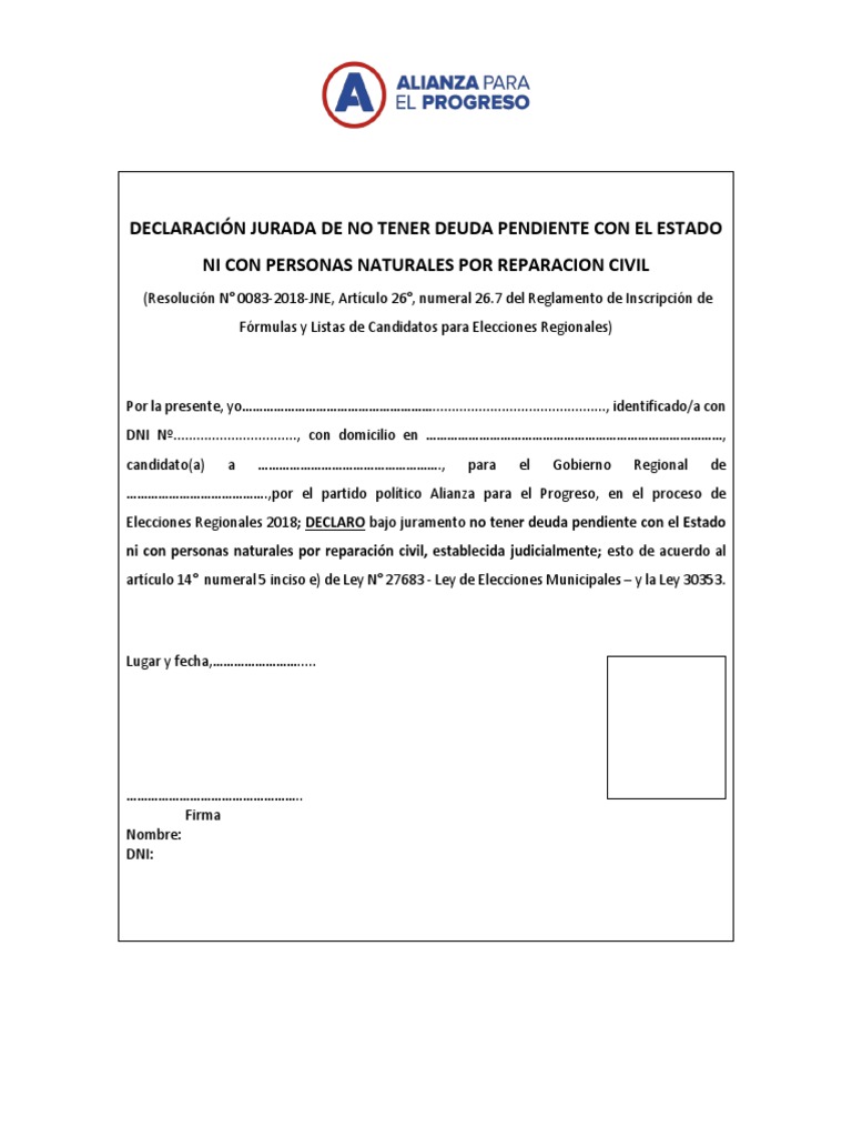 Declaración Jurada de No Tener Deuda Pendiente Con El Estado Ni Con ...