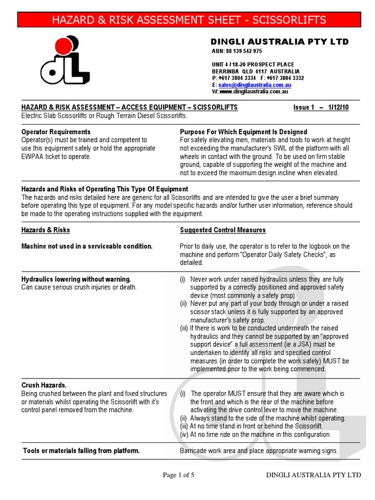 Risk Assessment Scissor Lift PDF Battery Charger Risk