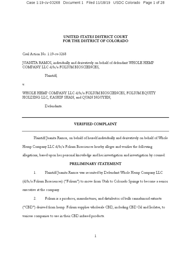 Folium Biosciences Lawsuit Ramos Complaint Filed 11/18/19 PDF