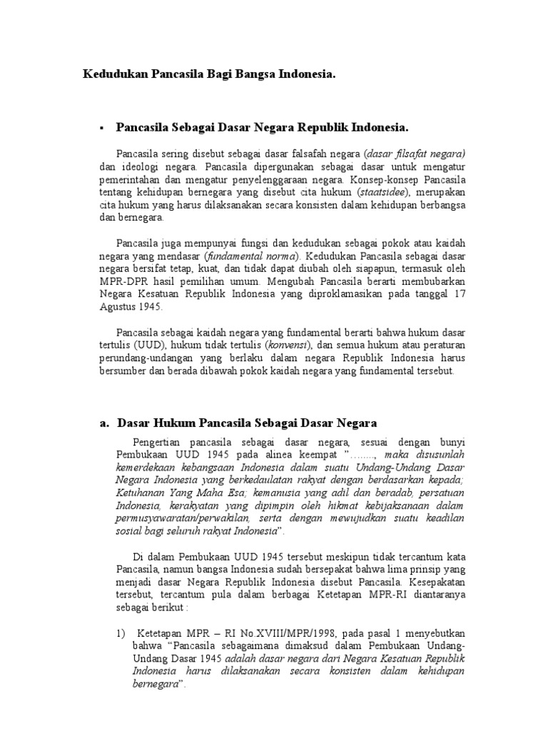 Kedudukan Pancasila Bagi Bangsa Indonesia