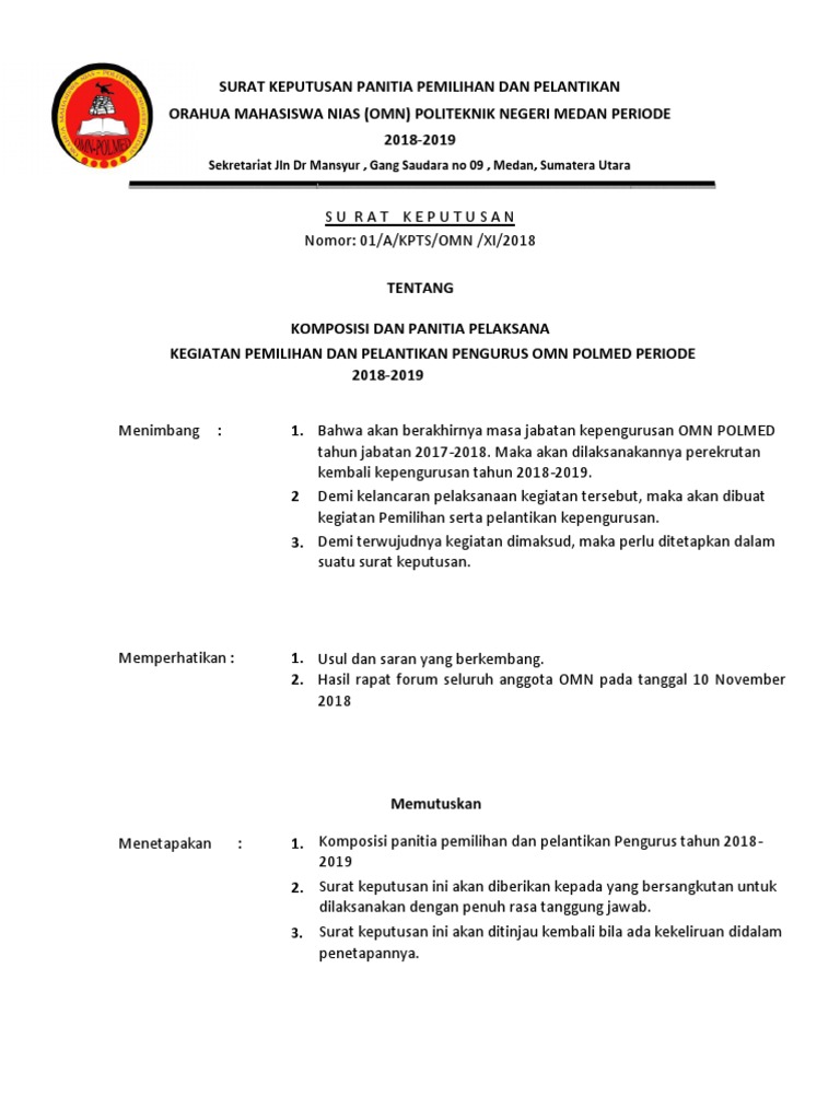 SK Panitia Pemilihan OMN POLMED 2018-2019 | PDF