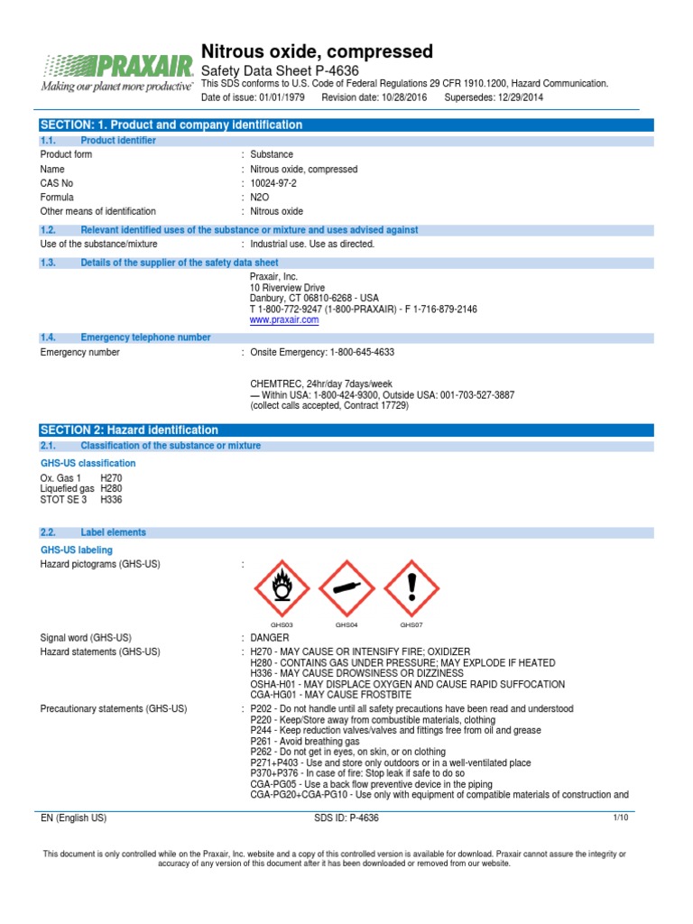 Nitrous Oxide, Compressed Safety Data Sheet P4636 PDF Fires