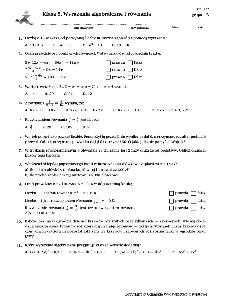 Wyrażenia Algebraiczne Klasa 7 Sprawdzian Pdf Nowa Era